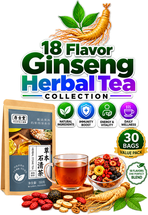 Promotional graphic for the 18 Flavor Ginseng Herbal Tea Collection, showing a tea bag package, a glass of amber tea, a bowl of dried herbs, and ginseng roots with leaves on a white background with large product text and feature icons.